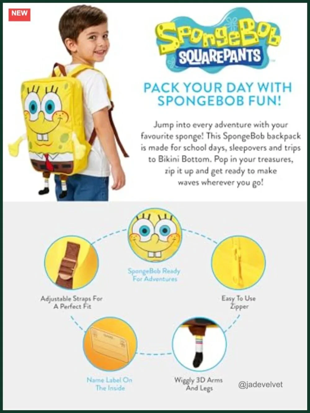 SpongeBob SquarePants Backpack with 3D Arms Legs, Kids School Bag, Polyester,